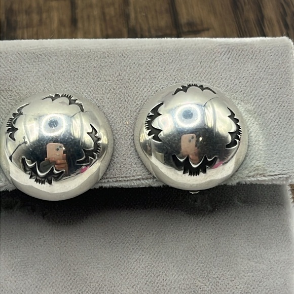 Polished Sterling Silver Button Earrings Clip on Etched in Black Halloween - Picture 2 of 11